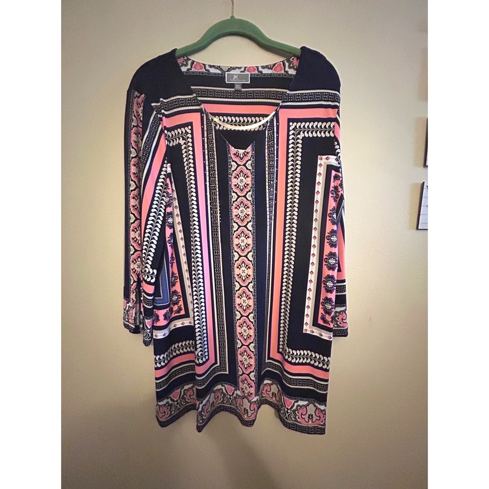 JM Collection Tunic Blouse Womens XXL Navy Pink Excellent Scarf Print Rhinestone